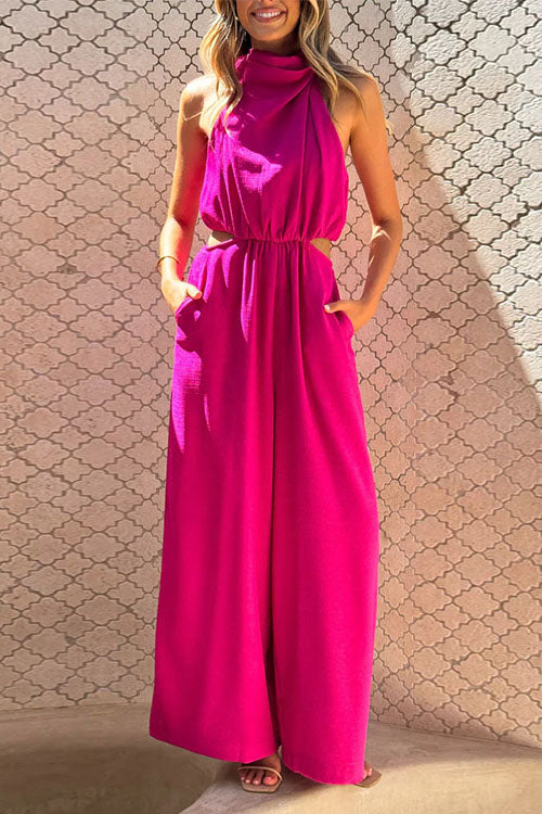 Rowangirl Fashion Solid Color Halter Neck Pocket Jumpsuit