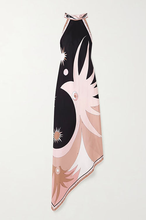 Rowangirl  Halter Neck Open Back Printed Satin Dress