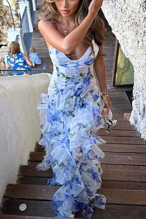 Rowangirl Fashionable Printed Long Temperament Evening Dress