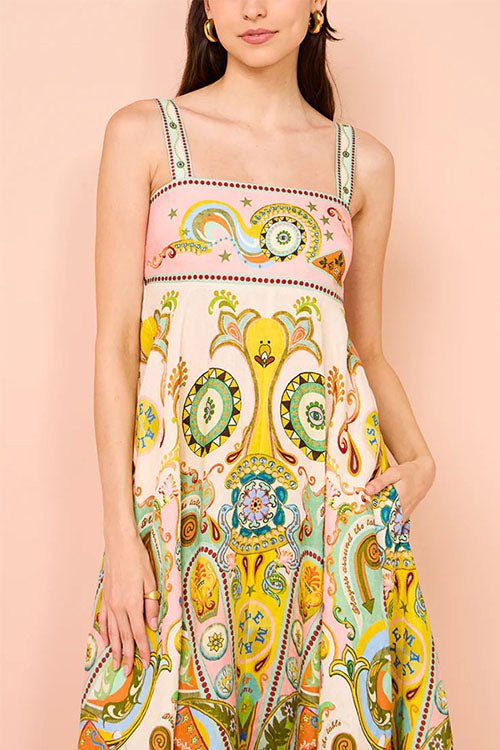 Rowangirl Printed Sleeveless Bow-Knot Cotton And Linen Dress With Wide Hem