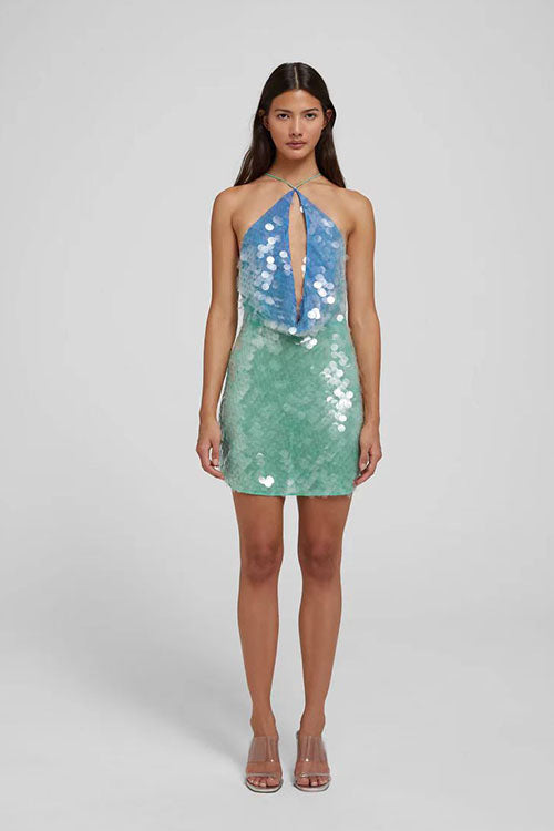 Rowangirl  Sequined Temperament Halter Neck Backless Suspender Dress
