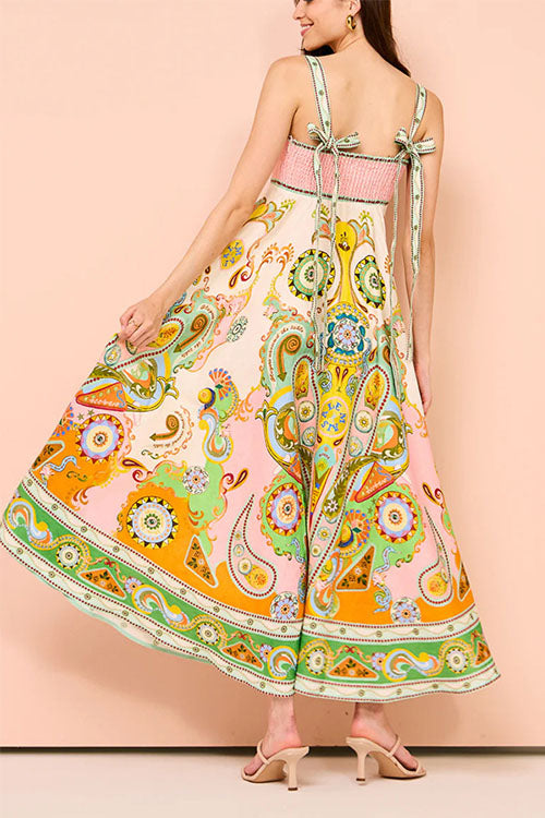 Rowangirl Printed Sleeveless Bow-Knot Cotton And Linen Dress With Wide Hem