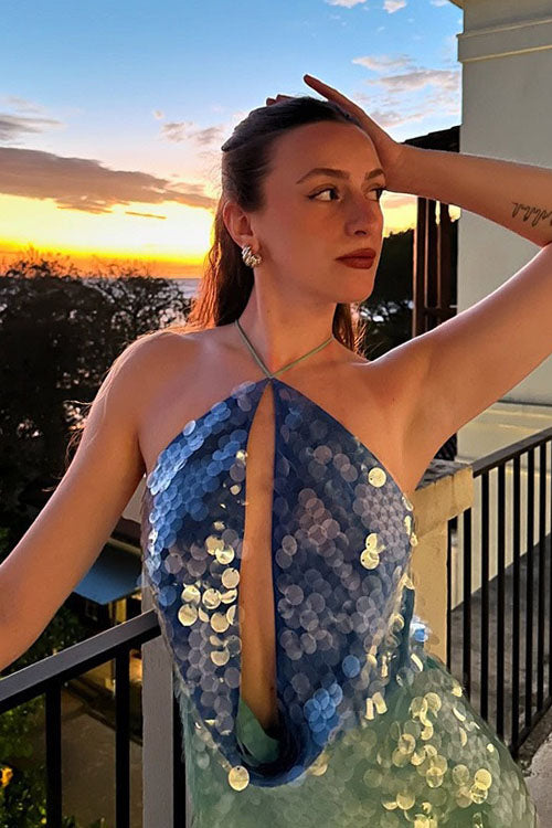 Rowangirl  Sequined Temperament Halter Neck Backless Suspender Dress