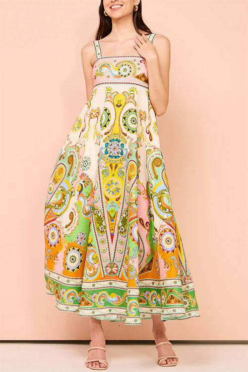 Rowangirl Printed Sleeveless Bow-Knot Cotton And Linen Dress With Wide Hem