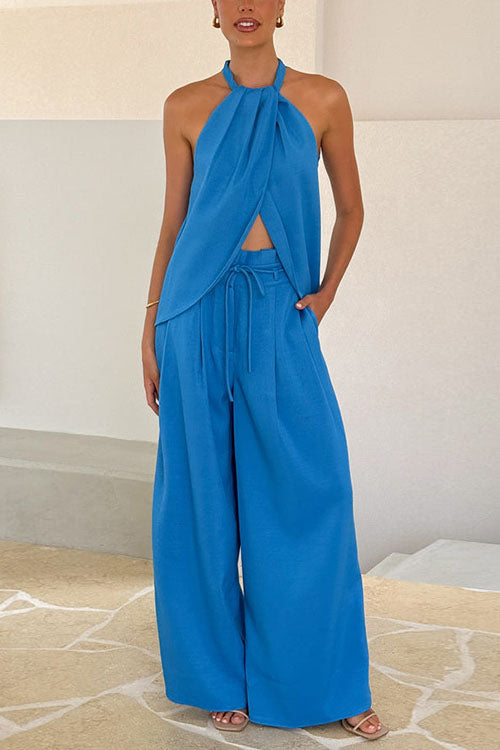 Rowangirl Solid Color Elegant Vest And Wide-Leg Pants Two-Piece Set