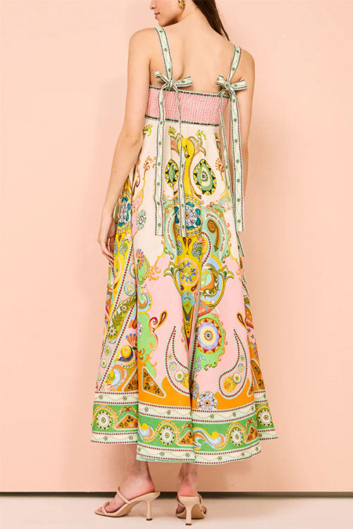 Rowangirl Printed Sleeveless Bow-Knot Cotton And Linen Dress With Wide Hem