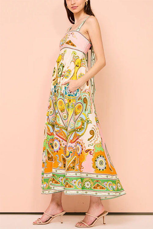 Rowangirl Printed Sleeveless Bow-Knot Cotton And Linen Dress With Wide Hem