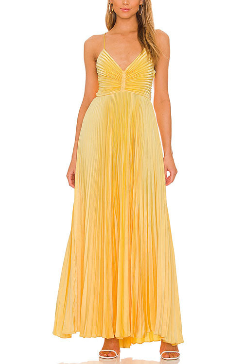 Rowangirl   Suspender Pleated V-neck Lace-up Solid Color Dress