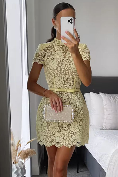 Rowangirl  Sheer Lace Round Neck Miniskirt Dress