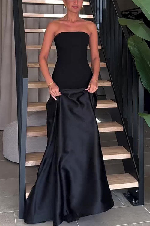Rowangirl Strapless Satin Sleeveless Stitching Solid Color Ddress