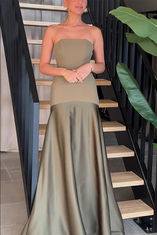 Rowangirl Strapless Satin Sleeveless Stitching Solid Color Ddress
