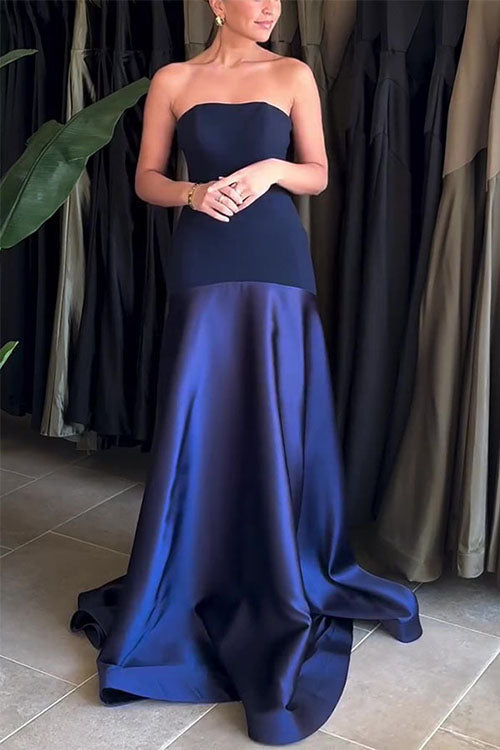 Rowangirl Strapless Satin Sleeveless Stitching Solid Color Ddress