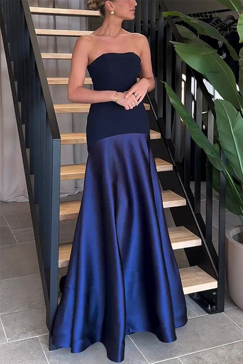 Rowangirl Strapless Satin Sleeveless Stitching Solid Color Ddress
