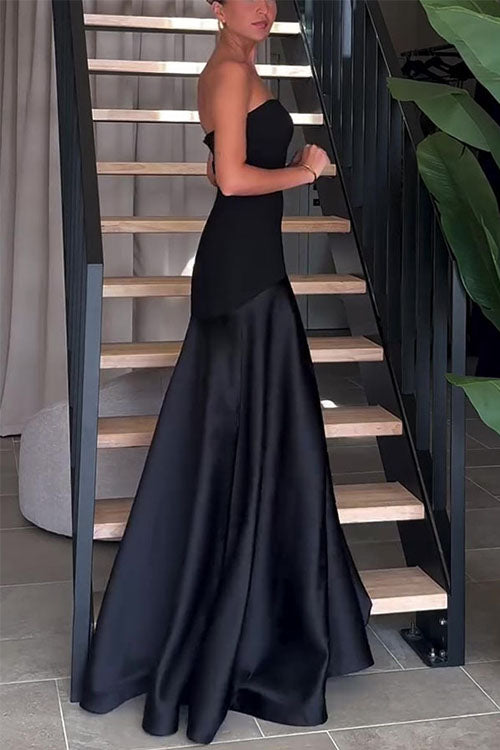 Rowangirl Strapless Satin Sleeveless Stitching Solid Color Ddress
