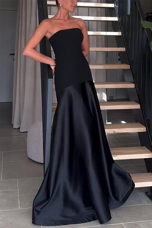 Rowangirl Strapless Satin Sleeveless Stitching Solid Color Ddress