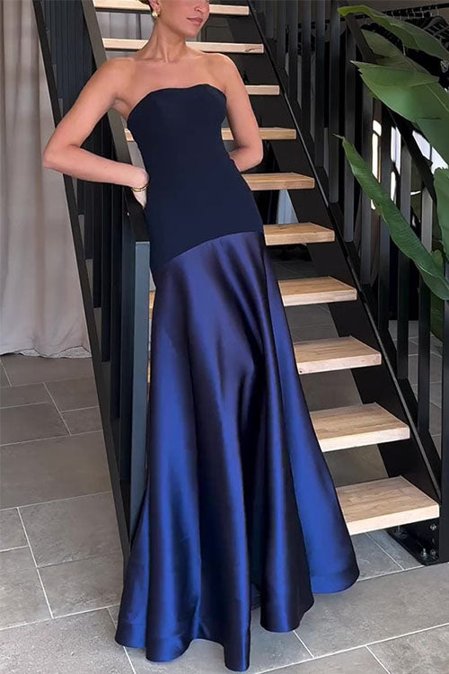 Rowangirl Strapless Satin Sleeveless Stitching Solid Color Ddress