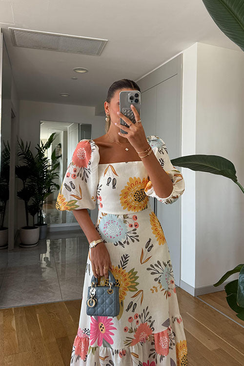 Rowangirl Fashion Square Neck Printed Puff Sleeve Swing Dress