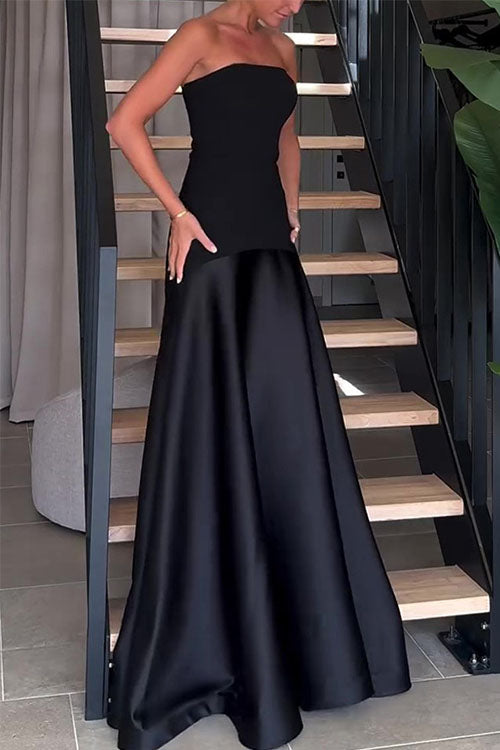 Rowangirl Strapless Satin Sleeveless Stitching Solid Color Ddress