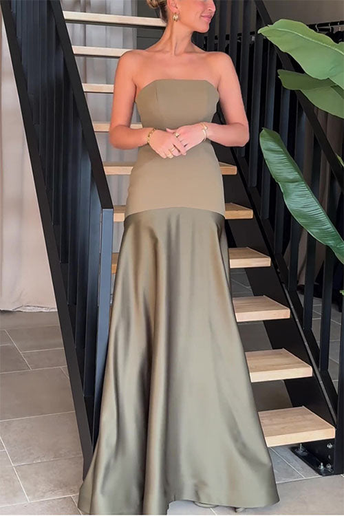 Rowangirl Strapless Satin Sleeveless Stitching Solid Color Ddress