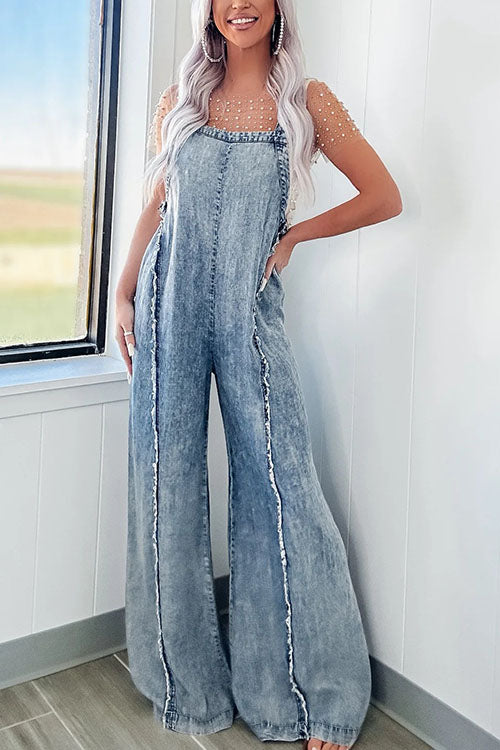 Rowangirl  Vintage Washed Raw Edge Wide Leg Jumpsuit
