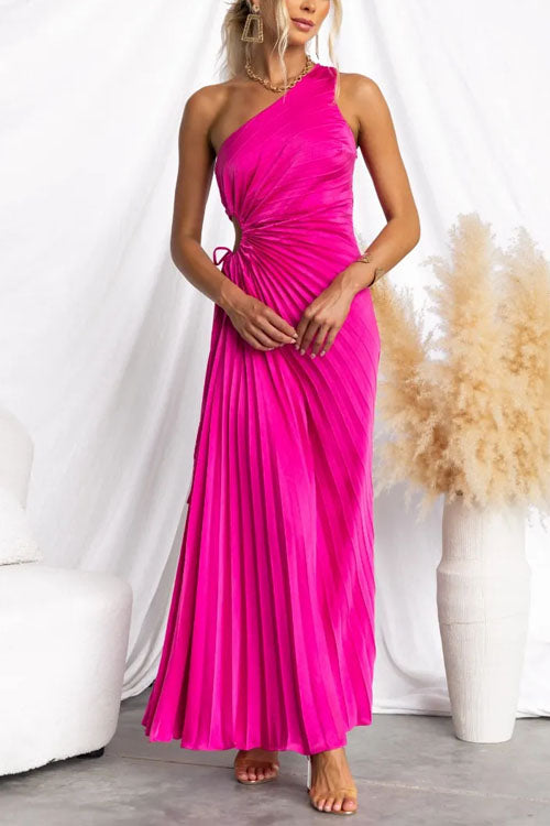 Rowangirl  Fashionable One-Shoulder Hollow Pleated Dress