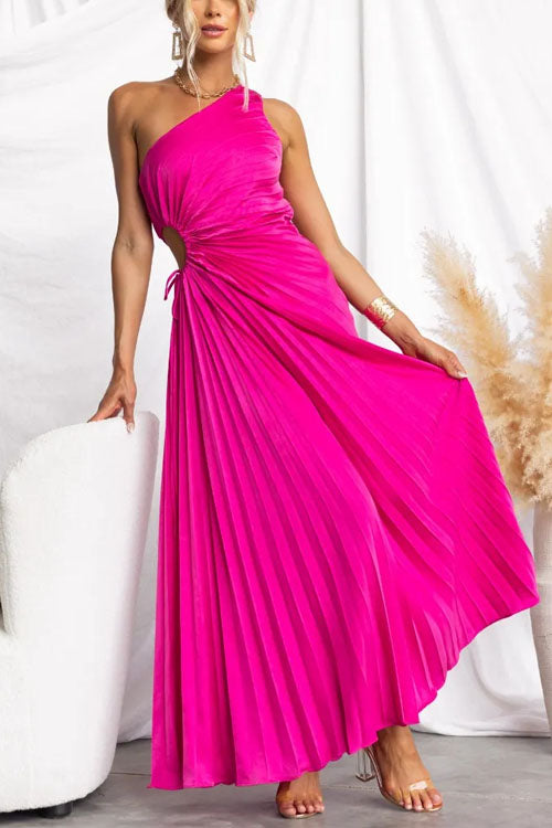 Rowangirl  Fashionable One-Shoulder Hollow Pleated Dress