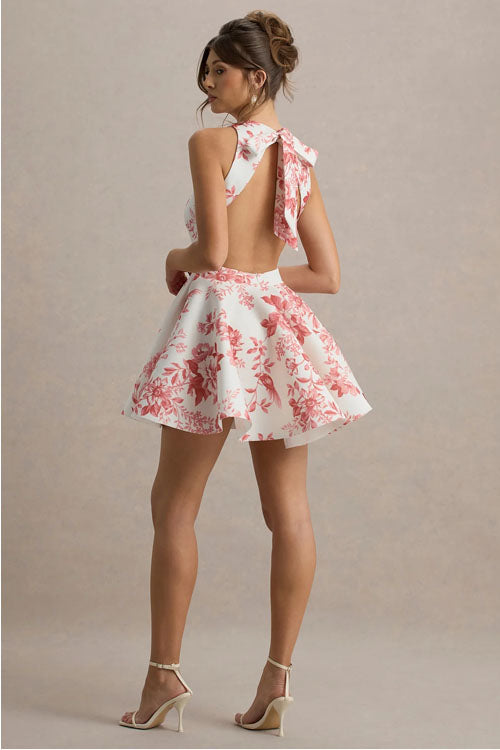 Rowangirl Fashionable Temperament Printed Backless Tie Waist Dress