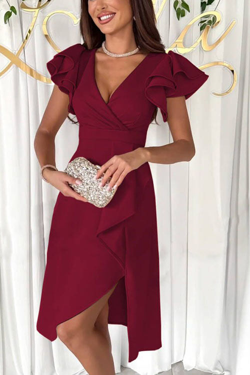 Rowangirl Solid Color V-neck Waist Lotus Leaf Sleeve Fashion Dress