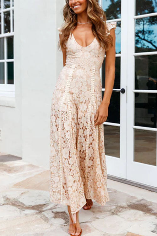 Rowangirl  Sleeveless Backless Strappy Lace U-Neck Large Flare Jumpsuit
