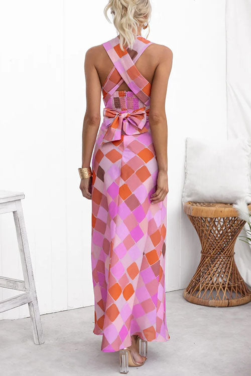 Rowangirl Elegant V-Neck Plaid Print Lace-Up Dress