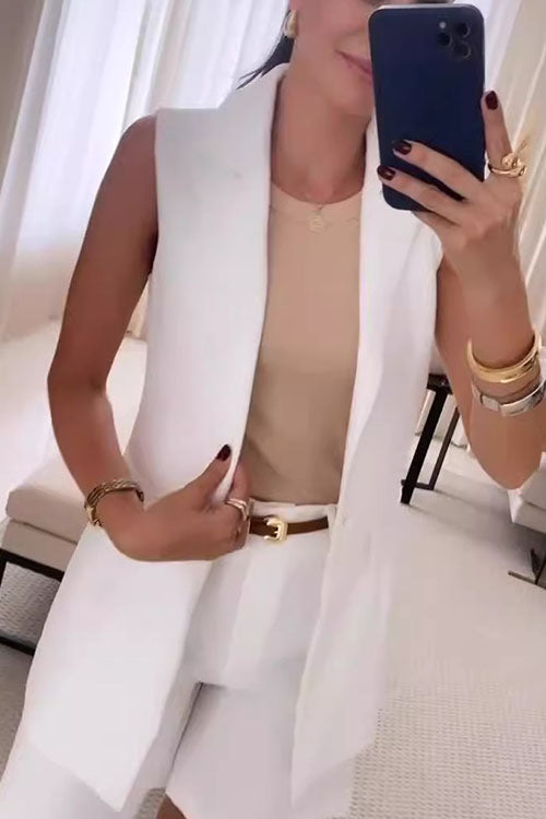 Rowangirl  Solid Color Lapel Elegant Shorts Two-Piece Set