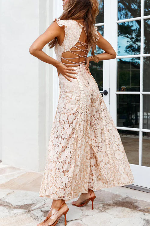Rowangirl  Sleeveless Backless Strappy Lace U-Neck Large Flare Jumpsuit