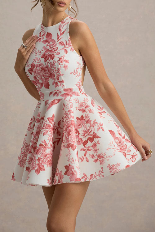 Rowangirl Fashionable Temperament Printed Backless Tie Waist Dress