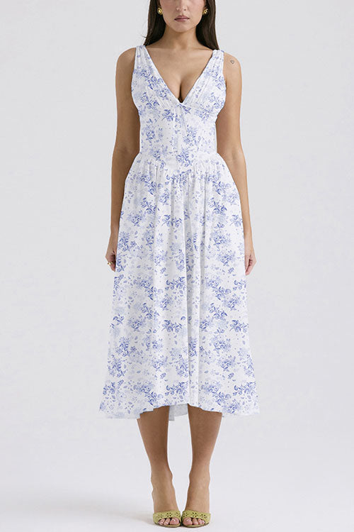 Rowangirl  Fashionable Printed V-Neck Temperament Dress