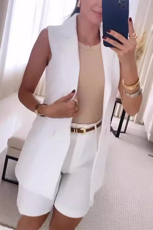 Rowangirl  Solid Color Lapel Elegant Shorts Two-Piece Set