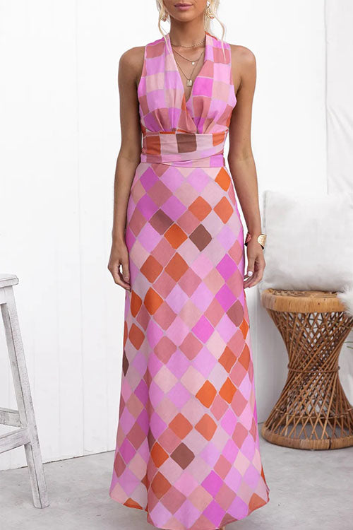 Rowangirl Elegant V-Neck Plaid Print Lace-Up Dress