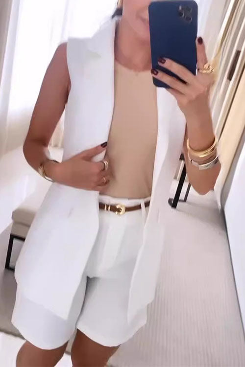 Rowangirl  Solid Color Lapel Elegant Shorts Two-Piece Set