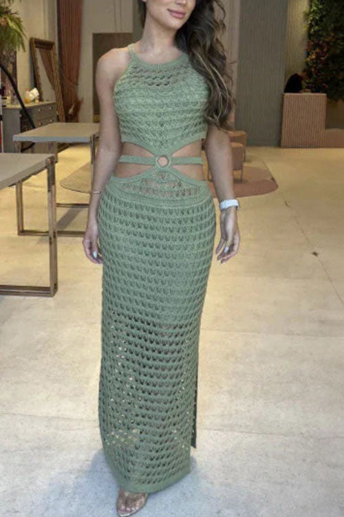 Rowangirl  Fashionable irregular hollow knitted solid color dress
