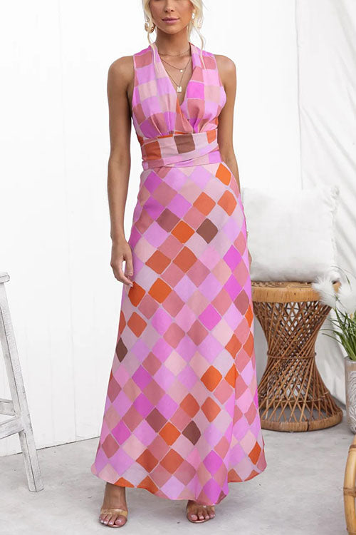 Rowangirl Elegant V-Neck Plaid Print Lace-Up Dress
