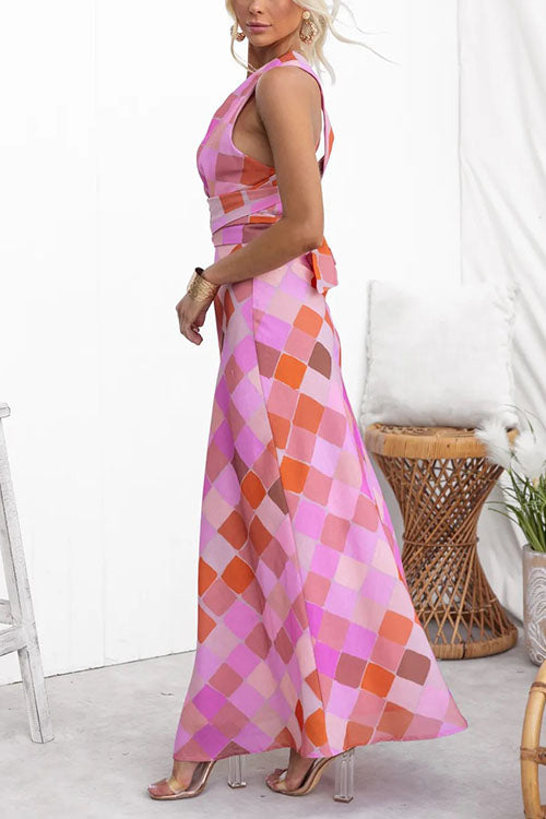 Rowangirl Elegant V-Neck Plaid Print Lace-Up Dress