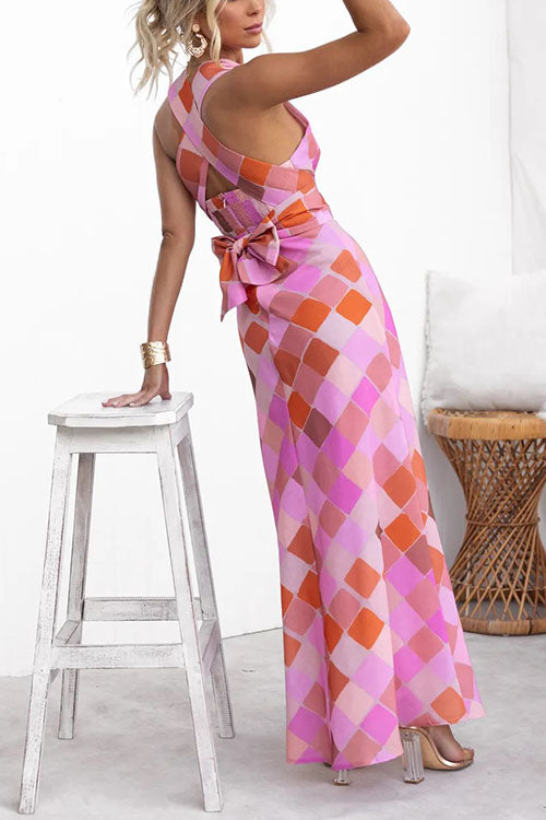 Rowangirl Elegant V-Neck Plaid Print Lace-Up Dress