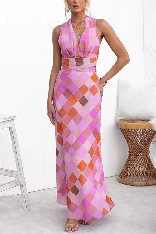 Rowangirl Elegant V-Neck Plaid Print Lace-Up Dress