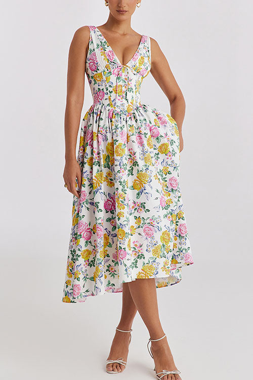 Rowangirl  Fashionable Printed V-Neck Temperament Dress