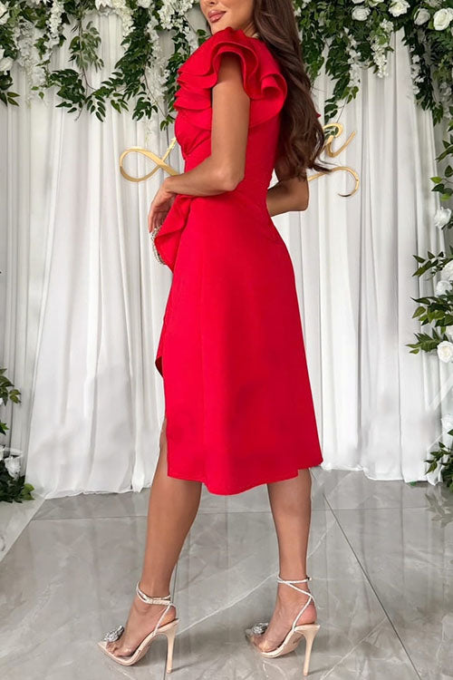 Rowangirl Solid Color V-neck Waist Lotus Leaf Sleeve Fashion Dress