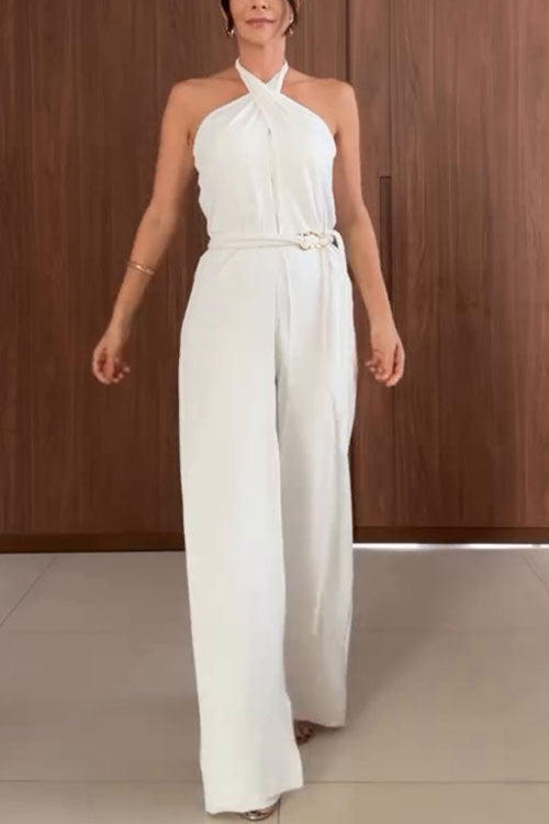 Rowangirl  Halter Neck Solid Color Sleeveless Jumpsuit