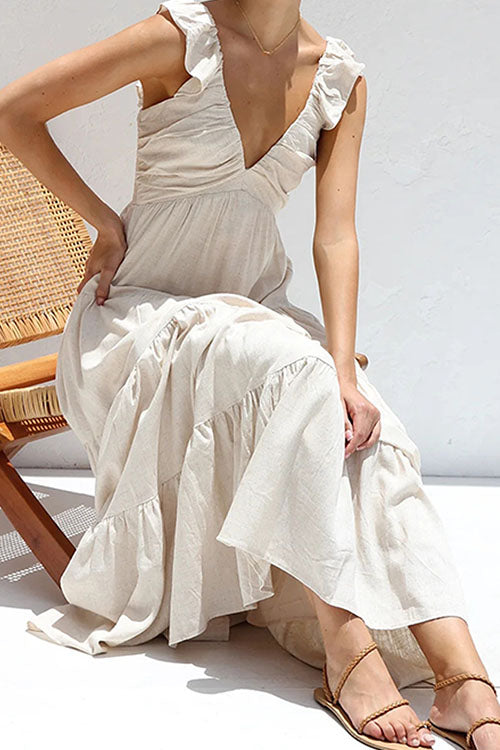 Rowangirl V-Neck Cotton And Linen Sleeveless Solid Color Lace Dress