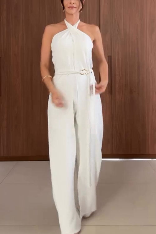 Rowangirl  Halter Neck Solid Color Sleeveless Jumpsuit