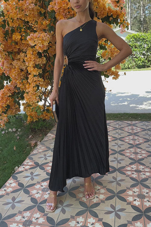 Rowangirl  Fashionable One-Shoulder Hollow Pleated Dress