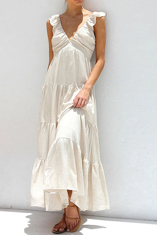 Rowangirl V-Neck Cotton And Linen Sleeveless Solid Color Lace Dress