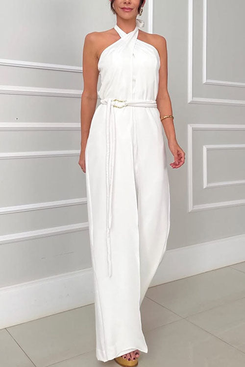 Rowangirl  Halter Neck Solid Color Sleeveless Jumpsuit